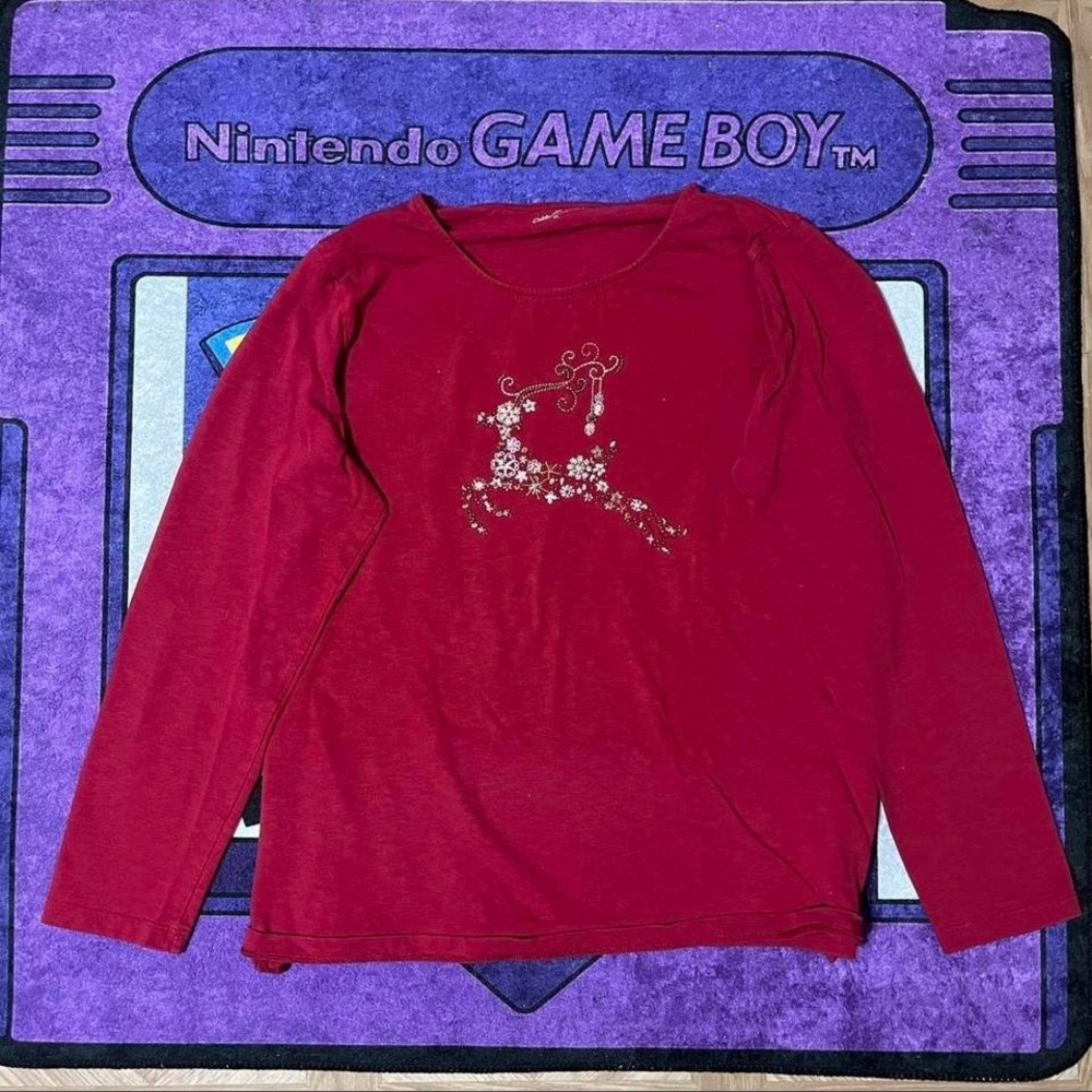 Red the vintage 90's Longsleeve shirt with amazing reindeer rhinestone
